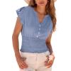 CUPSHE Womens Summer Tops Smocked Puff Sleeve V-Neck Henley Shirts Trendy Button Down Blouses(Blue)