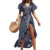 CUPSHE Women’s Summer Wrap Maxi Dress Casual Split Flared Short Sleeve Tie Waist Ruffle Beach Dress(Black-2)