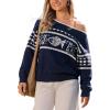 CUPSHE Womens Sweaters Christmas Off Shoulder Long Sleeve Sweater Casual Lightweight Xmas Pullover Sweater Tops(B-navy)