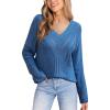 CUPSHE Womens Sweaters Long Sleeve Scalloped V Neck Casual Sweater Trendy Hollow Out Sweater Tops(Blue)