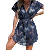 CUPSHE Womens Swimsuit Coverup Sheer Cutout V Neck Beach Dress Short Sleeve Elastic Waist 2025 Summer Outfits(Navy Blue)