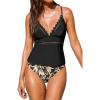 CUPSHE Women’s Tankini Sets Scalloped V Neck Cutouts Two Piece Swimsuit Adjustable Self Tie Swimwear Mid Rise(Black/Tropical)
