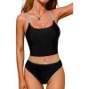 CUPSHE Women’s Tankini Sets Scoop Neck Shell Stitch Two Piece Swimsuit Crisscross Strappy Mid Rise Swimwear(Black)