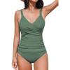 CUPSHE Women’s Tankini Sets Surplice V Neck Two Piece Bathing Suits Adjustable Straps Shirred Mid Rise Swimwear(Eucalyptus Green)