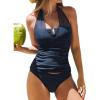 CUPSHE Women’s Tankini Sets Two Piece Swimsuit U Wire Mesh Bathing Suit Halter Strap Mid Rise Ruched Swimwear(Navy Blue)
