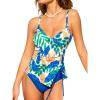 CUPSHE Women’s Tankini Sets Two Piece Swimsuit V Neck Ruched Tummy High Waisted Adjustable Drawstring Bathing Suit(Navy Blue/Tropical Print)
