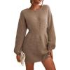 CUPSHE Womens Textured Knit Pullover Sweater Dress Long Sleeve Banded Waist Mini Casual Fall Winter Sweater Dress(Coffee)
