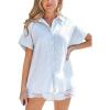 CUPSHE Womens Top Collared Neck Shirt Short Sleeves Button Front Striped Blouse Relaxed Casual(Blue)