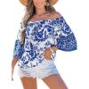 CUPSHE Womens Top Off Shoulder Neck Half Sleeves Shirt Floral Blouse Relaxed Casual Loose(Blue)