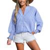CUPSHE Womens Top Woven Notched Neck Front Buttons Long Puff Sleeves Smocked Cuffs Blouse(Blue)