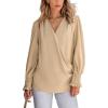 CUPSHE Women’s Tops V Neck Ruching Woven Blouson Long Sleeves Smocked Cuffs Draped Blouses Trendy Dressy(Khaki)