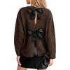 CUPSHE Women’s Trendy Knit Bow Sweater Long Sleeve Round Neck Casual Fall Winter Tops(Brown)