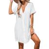 CUPSHE Women’s V Neck Cover Up Dress Short Sleeve Semi-Sheer Beach Mini Dress(White)