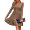 CUPSHE Women’s Woven Fall Mini Dress Long Sleeve V Neck Casual Ruffle Sweater Dress(Brown)