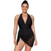 CUPSHE Womens’s Plus Size One Piece Swim Dress Tummy Control Swimsuit V Neck Bathing Suit Halter Mesh Skirt Tie(Black)