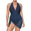 CUPSHE Womens’s Plus Size One Piece Swim Dress Tummy Control Swimsuit V Neck Bathing Suit Halter Mesh Skirt Tie(Dark Blue)