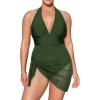 CUPSHE Womens’s Plus Size One Piece Swim Dress Tummy Control Swimsuit V Neck Bathing Suit Halter Mesh Skirt Tie(Olive Green)