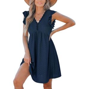 CUPSHE Beach Dress V Neck Cap Flutter Sleeve Lace Hollow Out Pleated Summer Mini Cover Up Dress(Navy Blue)