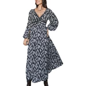 CUPSHE Casual Dress for Women 2025 Spring V Neck Long Sleeve Lace Floral High Waist Fall Maxi Formal Dress(Black Floral)