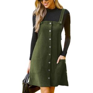 CUPSHE Casual Dresses for Women Square Neck Button Front Sleeveless Pockets A Line Mini Overall Dress(Olive Green)