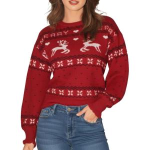 CUPSHE Christmas Sweaters for Women Ugly Xmas Crew Neck Knitted Pullover Long Sleeve Cute Tops(Red)