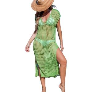 CUPSHE Crochet Cover Ups for Swimwear Women Cap Sleeve Hollow Out Swim Coverup Beach Midi Dress Spring Green, M