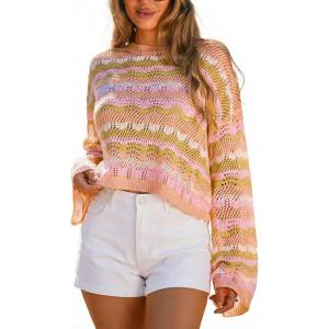CUPSHE Crochet Swimsuit Coverup for Women Knit Striped Long Sleeve Beach Coverup Tops(Pink Striped)