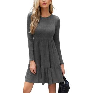 CUPSHE Fall Dress for Women 2025 Casual Round Neck Long Sleeve Knit Ruffled Fitted A Line Mini Spring Sweater Dress(Dark Grey)