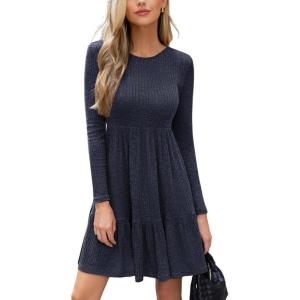 CUPSHE Fall Dress for Women 2025 Casual Round Neck Long Sleeve Knit Ruffled Fitted A Line Mini Spring Sweater Dress(Navy Blue)