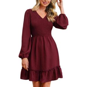 CUPSHE Fall Dresses for Women Casual Long Sleeve Ruffle V Neck Smocked A Line Flowy Mini Dress(Red)