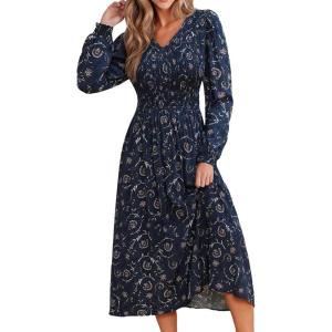 CUPSHE Fall Dresses for Women Floral Casual Long Sleeve V Neck Smocked A Line Flowy Maxi Dress(Navy Blue)