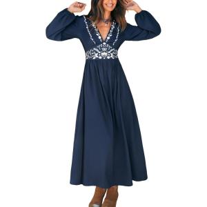 CUPSHE Fall Dresses for Women V Neck Long Sleeve Tunic Waist Slit Solid Color A Line Midi Casual Dress(Navy Paisley)