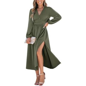 CUPSHE Fall Dresses for Women V Neck Long Sleeve Tunic Waist Slit Solid Color A Line Midi Casual Dress(Olive Green)