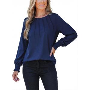 CUPSHE Fall Tops for Women Long Sleeve Shirts 2025 Dressy Pleated Tunics Puff Sleeve Blouses with Smocked Cuffs(Navy)