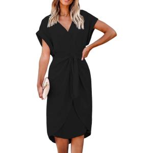 CUPSHE Midi Dress for Women 2025 V Neck Short Sleeves Knotted Pockets Tunic Waist Spring Casual Dress(Black)
