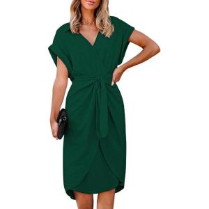 CUPSHE Midi Dress for Women 2025 V Neck Short Sleeves Knotted Pockets Tunic Waist Spring Casual Dress(Green)