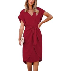 CUPSHE Midi Dress for Women 2025 V Neck Short Sleeves Knotted Pockets Tunic Waist Spring Casual Dress(Red)