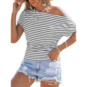 CUPSHE Off The Shoulder Tops for Women 2026 Going Out Short Sleeve Summer Stripe Tops Boat Neck Loose T Shirt(White)