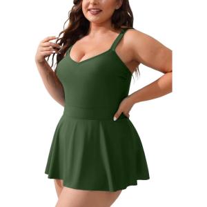CUPSHE Plus Size Swimsuit for Women One Piece Bathing Suit Scoop Neck Ruffled Swim Dress Adjustable Straps(Dark Green)