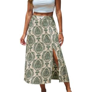 CUPSHE Skirts Woven Side Slit Midi Skirt High Waist Ornate Cover-Up Sarong Casual Vacation(Green)