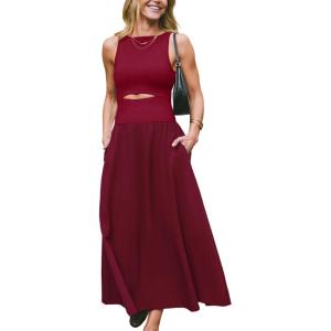 CUPSHE Summer Dress for Women 2025 Formal Sleeveless Round Neck Cutout Pockets Casual A Line Maxi Dress(Burgundy)