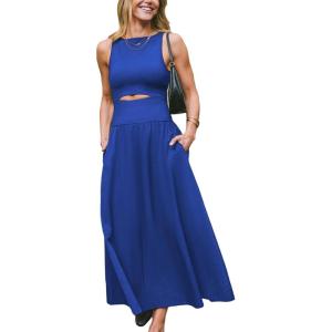 CUPSHE Summer Dress for Women 2025 Formal Sleeveless Round Neck Cutout Pockets Casual A Line Maxi Dress(Royal Blue)