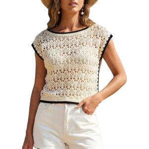 CUPSHE Swimsuit Cover Up Tops for Women 2026 Crochet Bathing Suit Swimwear Mesh Knit Beach T-Shirts Summer Vacation Clothes(Beige)