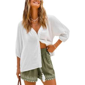 CUPSHE Swimsuit Coverup for Women Button Down 100% Cotton Shirts Half Sleeve Beach Wear Blouse(White)