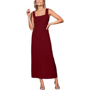 CUPSHE Women Backless Maxi Summer Dress Back Vent Square Neck Sleeveless A Line Casual Sundress Spring Semi Formal Dress(Red)