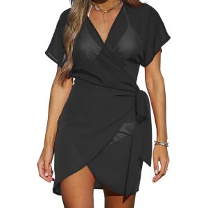 CUPSHE Women Bathing Suit Cover Up Sheer V Neck Short Sleeve Wrap Cover Ups for Swimwear(Black)