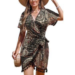 CUPSHE Women Bathing Suit Cover Up Sheer V Neck Short Sleeve Wrap Cover Ups for Swimwear(Tassel-yellow Patterned)