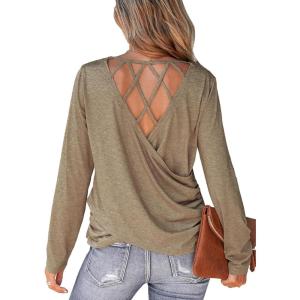 CUPSHE Women Blouses Marled Knit Caged Back Tee Crew Neck Long Sleeves Shirts(Brown)