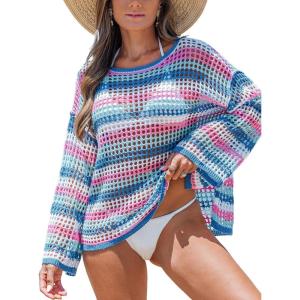 CUPSHE Women Crochet Cover Up Striped Swimwear Cutout Beach Coverup Top(Purple Striped)
