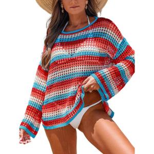CUPSHE Women Crochet Cover Up Striped Swimwear Cutout Beach Coverup Top(Red-green Striped)